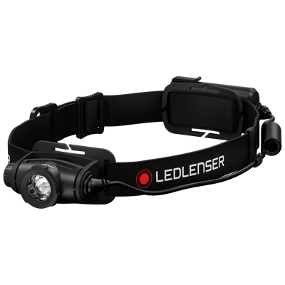 Ledlenser H5 Core Headlamp with adjustable black head strap and external battery pack connected by cable