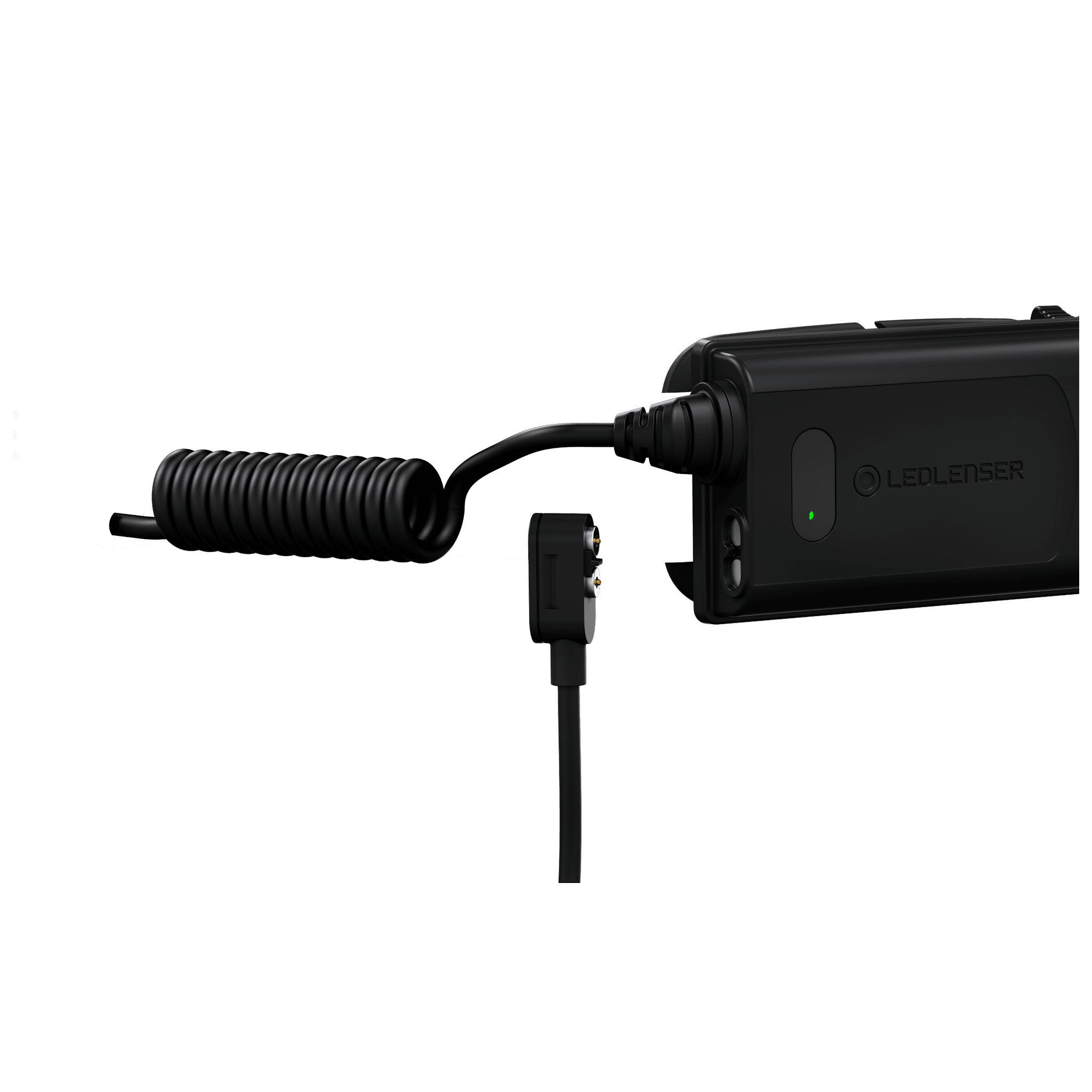 Ledlenser H5R Core Headlamp battery pack connected to a coiled charging cable with plug and green indicator light visible on the unit