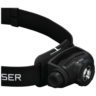 H5R Core Headlamp by Ledlenser with black adjustable headband and compact rechargeable front unit side view