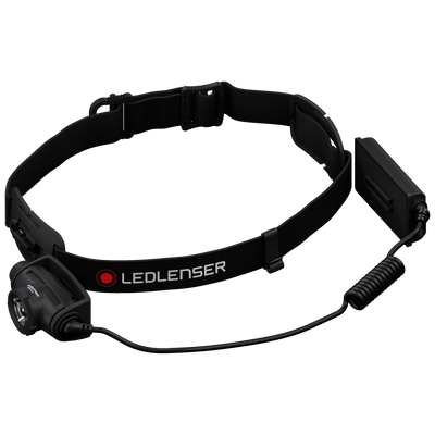 Ledlenser H5R Core Headlamp with black adjustable strap and external rechargeable battery pack shown from side profile