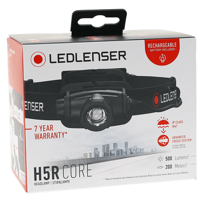 Ledlenser H5R Core Headlamp packaging box featuring the black headlamp with adjustable strap; shows 7 year warranty and IP67 icon