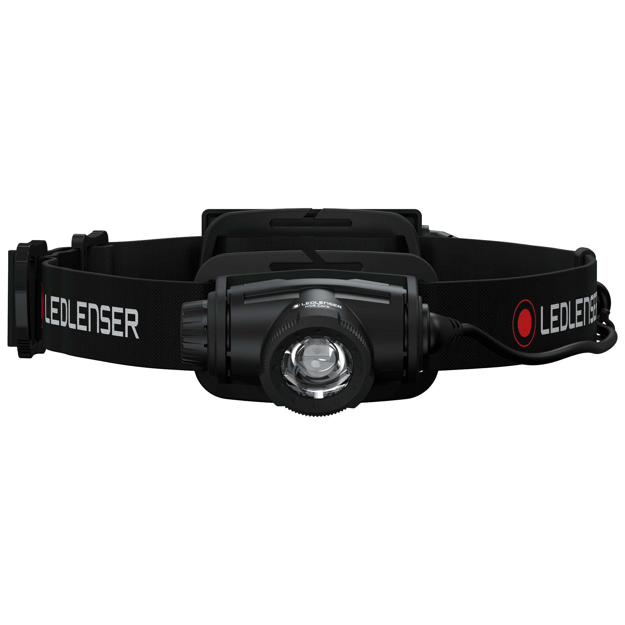 Ledlenser H5R Core Headlamp with black adjustable headband and front light module visible LED lens and branding on strap