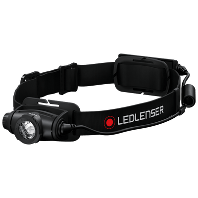 Ledlenser H5R Core headlamp with black adjustable head strap and front LED module mounted on the strap
