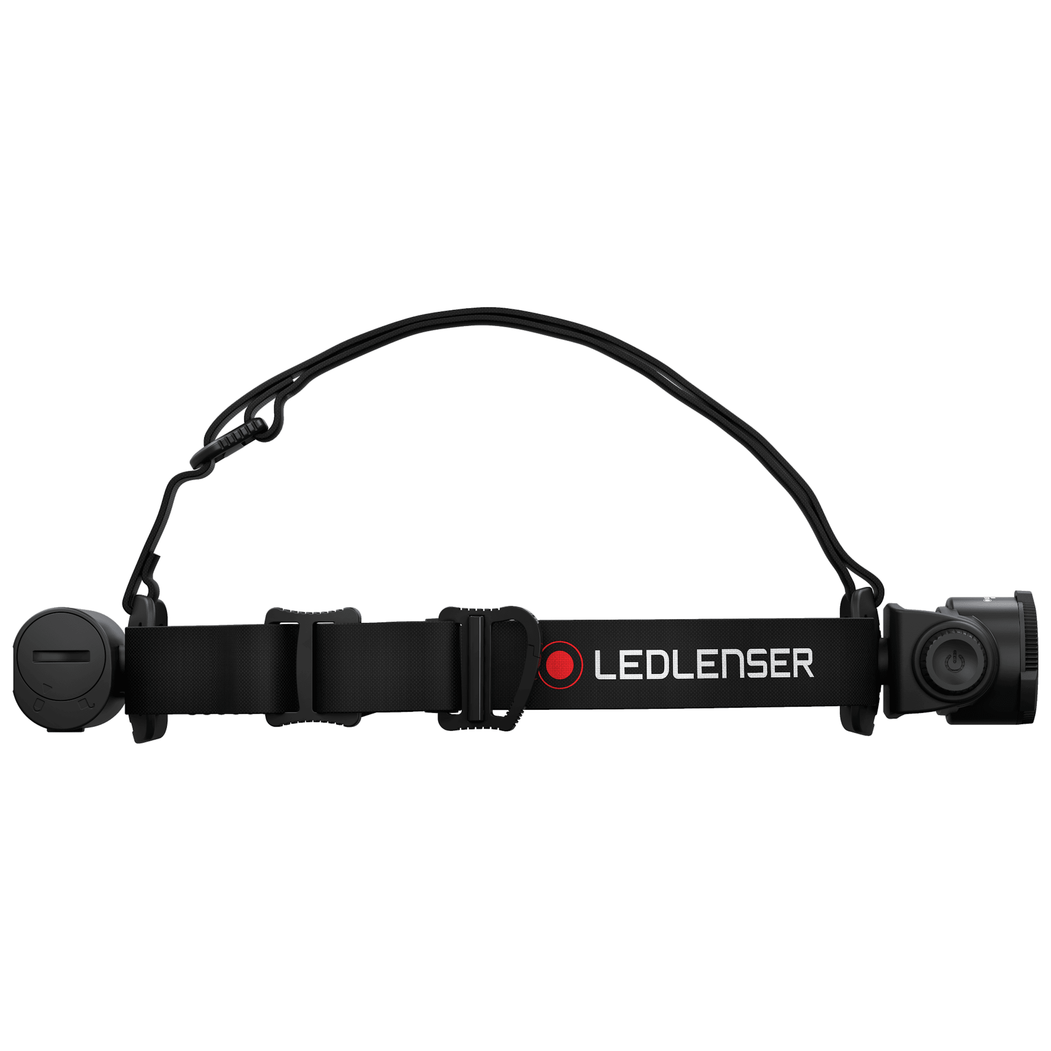 Ledlenser H7R Core Headlamp with black headband and battery pack on the left adjustable strap and control dial visible
