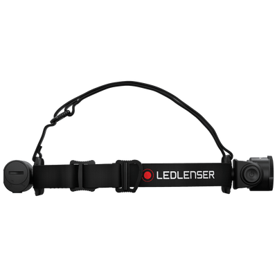 Ledlenser H7R Core Headlamp with black headband and battery pack on the left adjustable strap and control dial visible