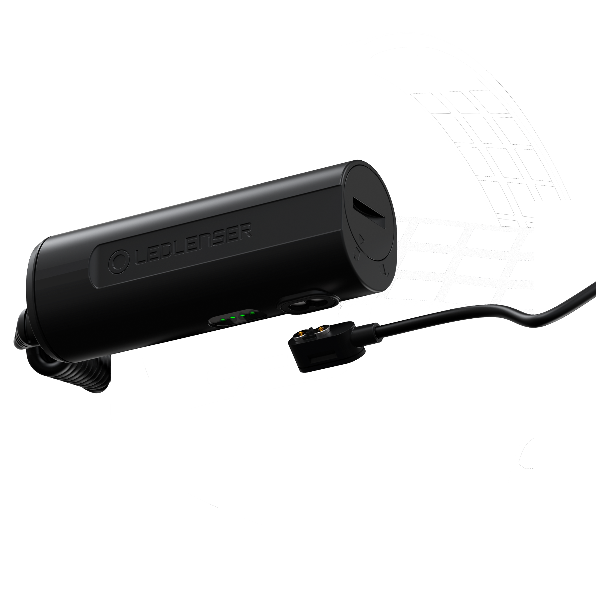 H7R Signature Headlamp battery pack shown in black with Ledlenser logo attached to a headband with a charging cable and connector