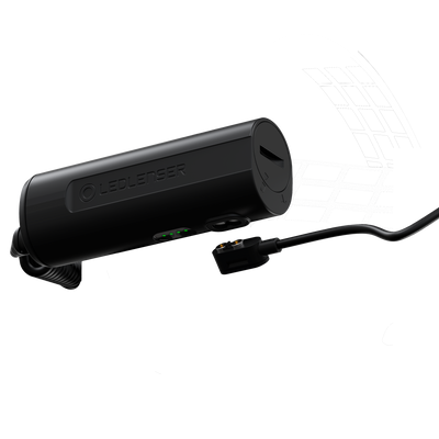 H7R Signature Headlamp battery pack shown in black with Ledlenser logo attached to a headband with a charging cable and connector