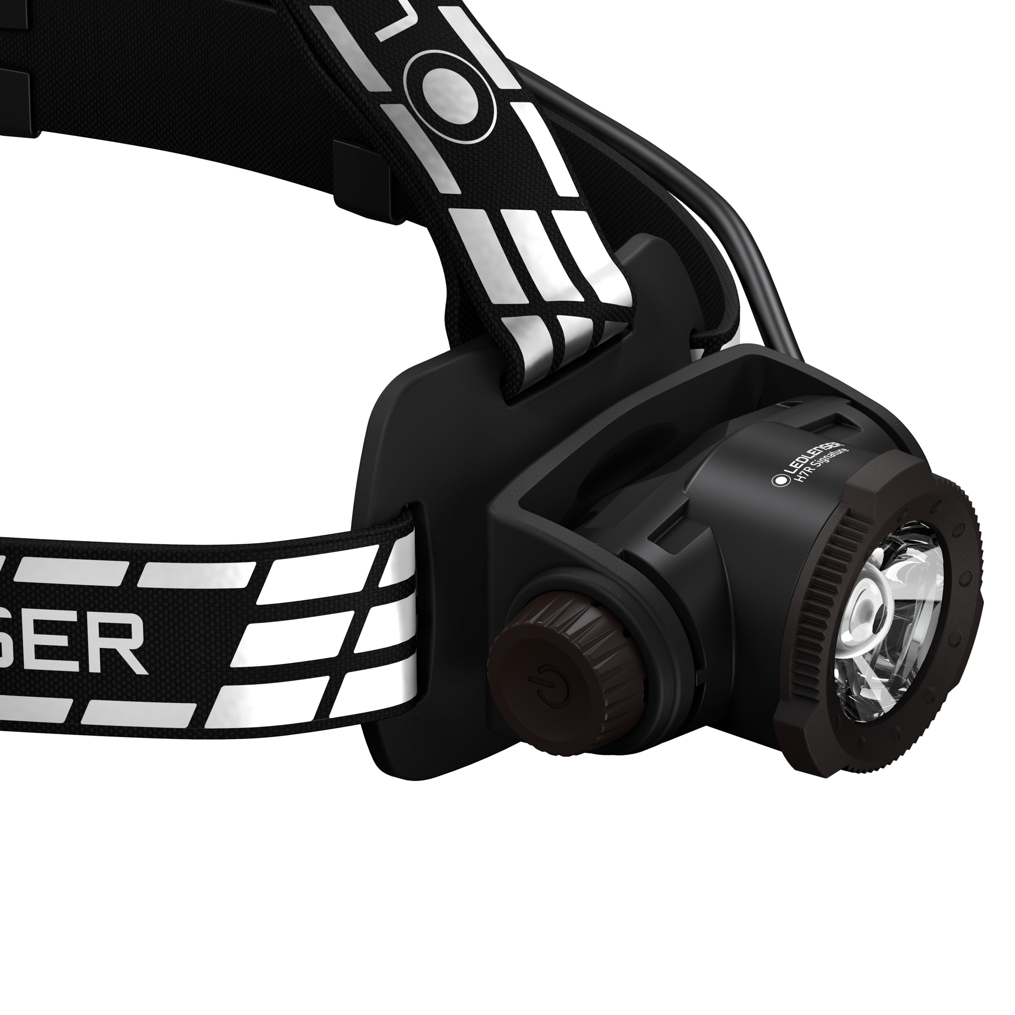 Ledlenser H7R Signature Headlamp mounted on a black headband with reflective white stripes front LED module visible and adjustable dial on the side