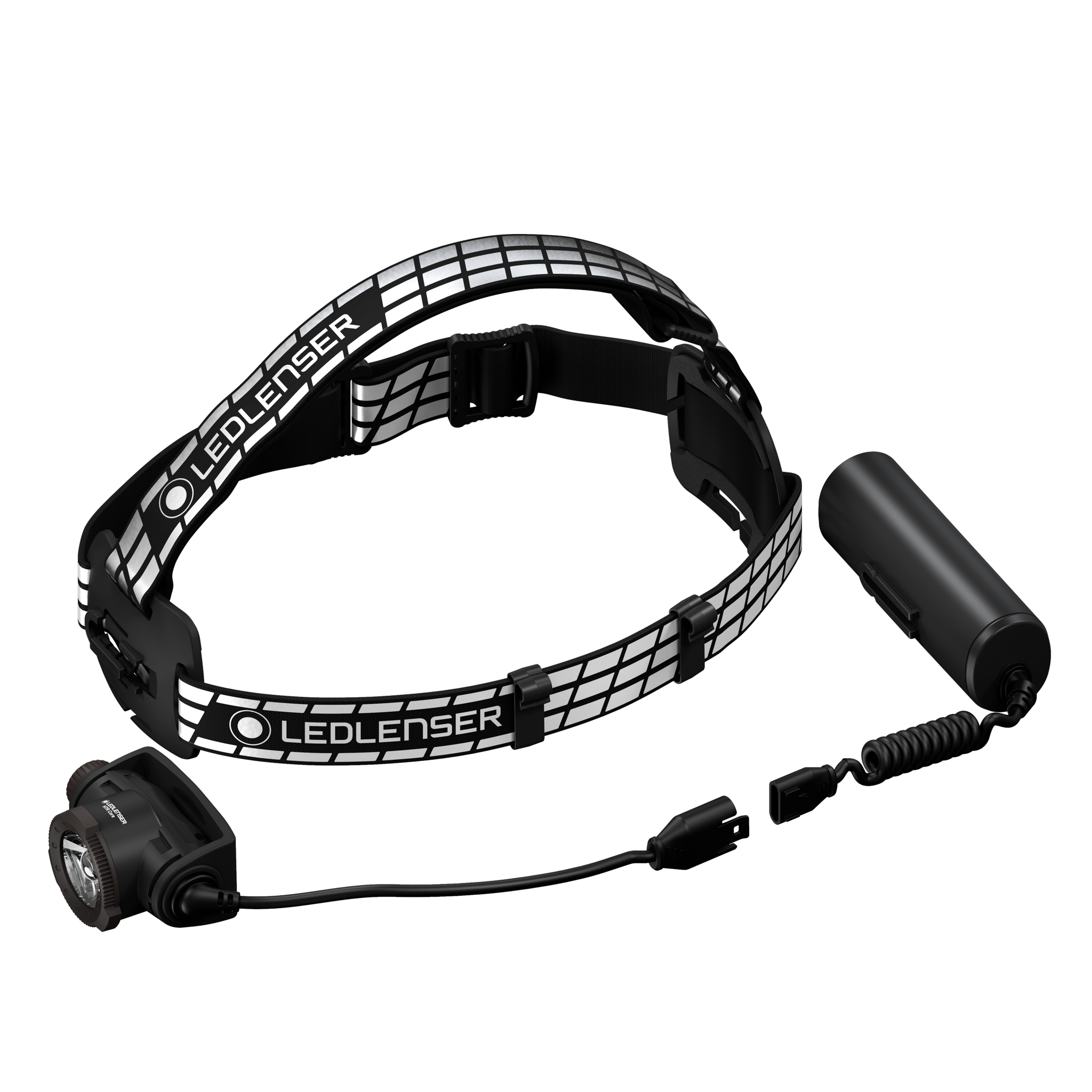 Ledlenser H7R Signature Headlamp with adjustable black headband rechargeable battery pack and attached charging cable
