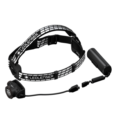 Ledlenser H7R Signature Headlamp with adjustable black headband rechargeable battery pack and attached charging cable