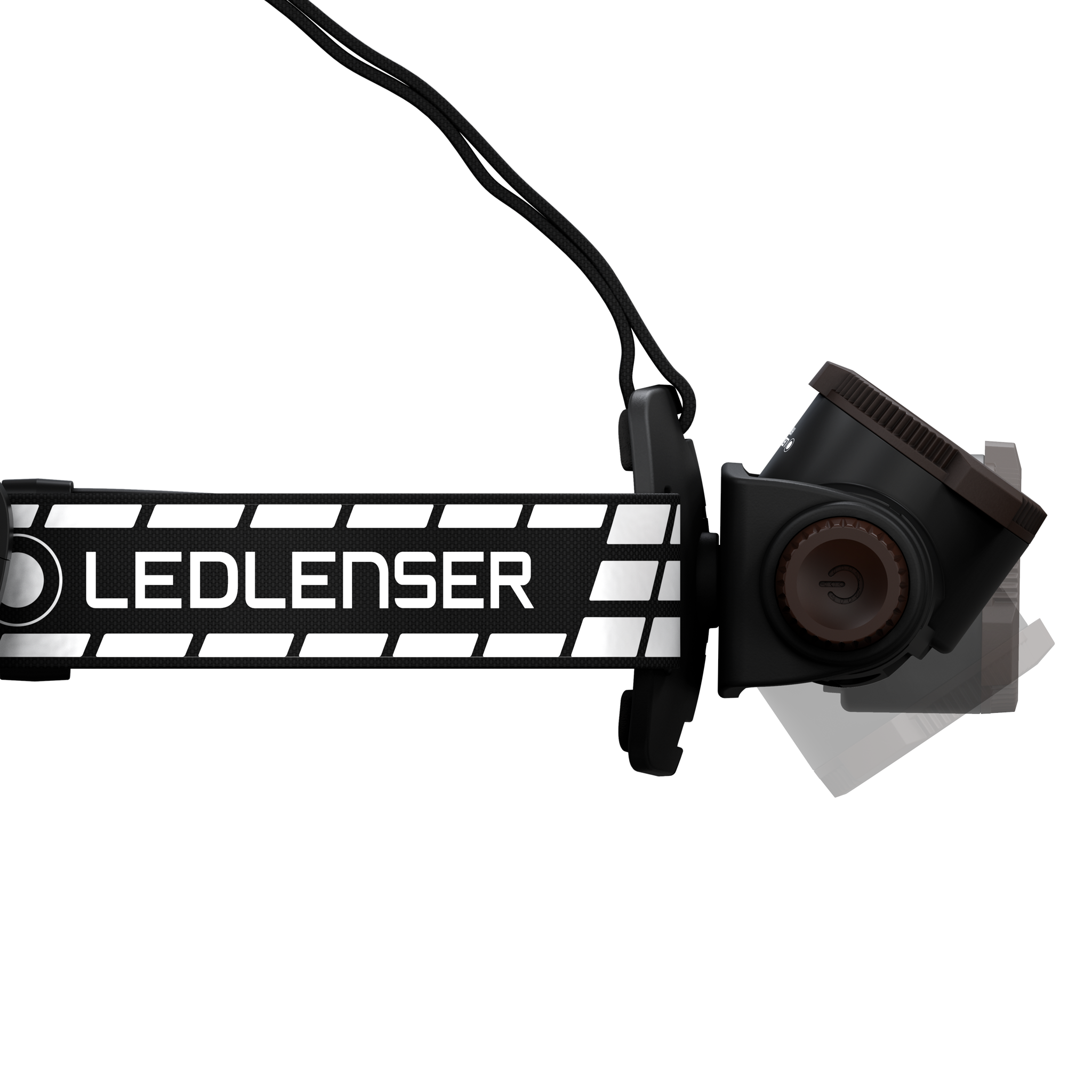 Ledlenser H7R Signature headlamp with black and white striped strap mounted on side battery housing and adjustable dial angled view