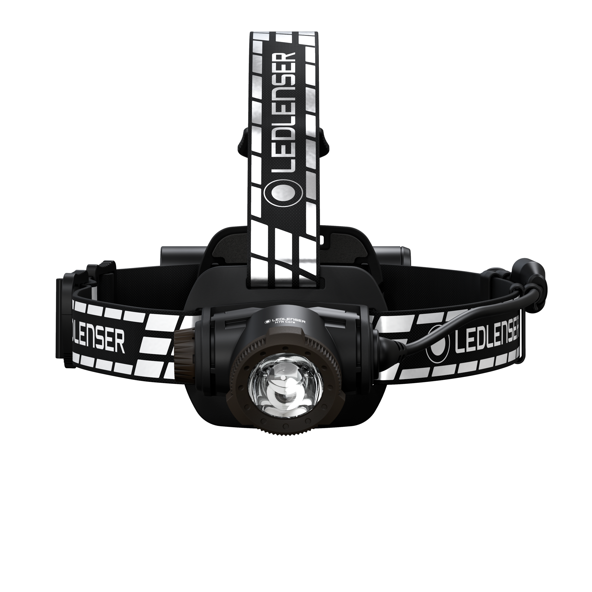 Ledlenser H7R Signature Headlamp with black adjustable headband and logo pattern front view showing the LED housing