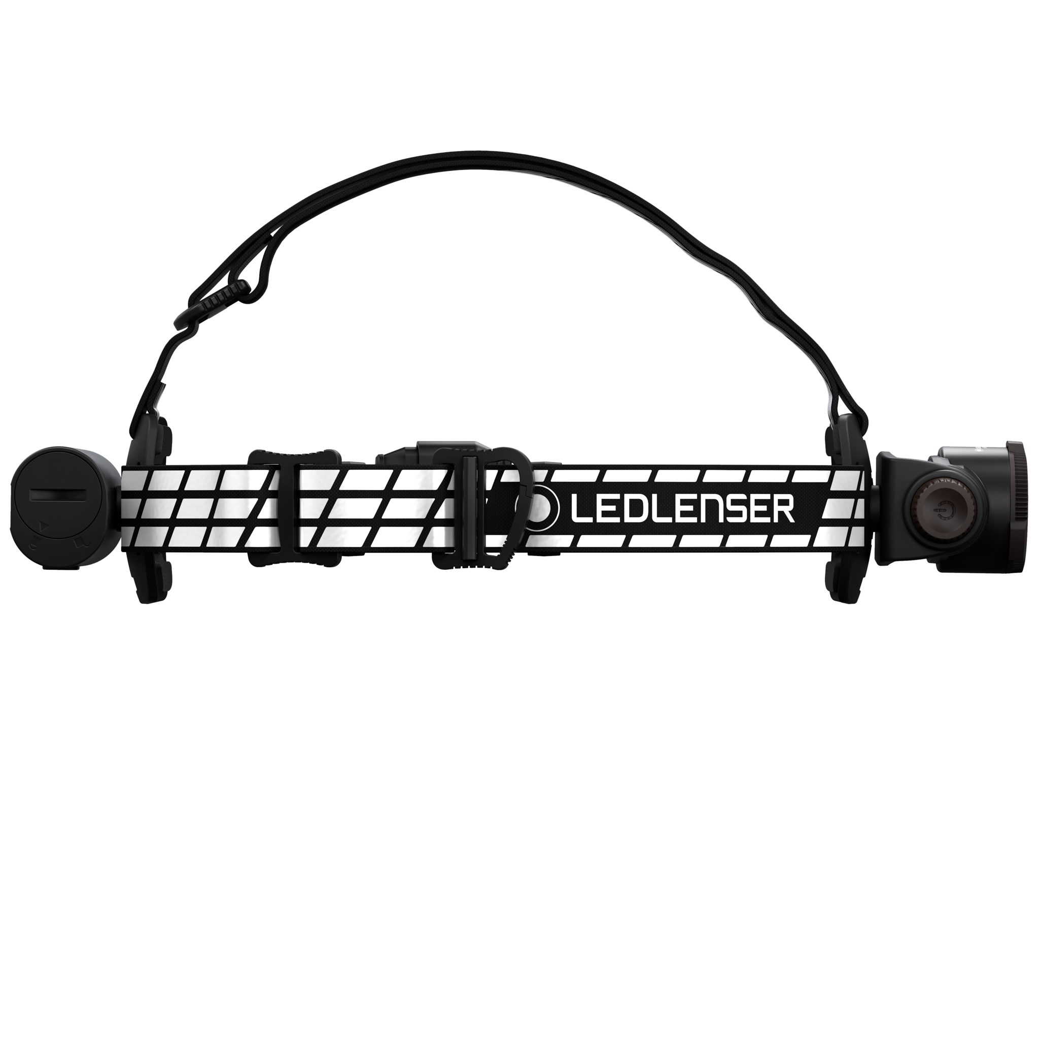 Ledlenser H7R Signature Headlamp mounted on adjustable black and white headband with front lamp housing on the right