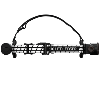 Ledlenser H7R Signature Headlamp mounted on adjustable black and white headband with front lamp housing on the right