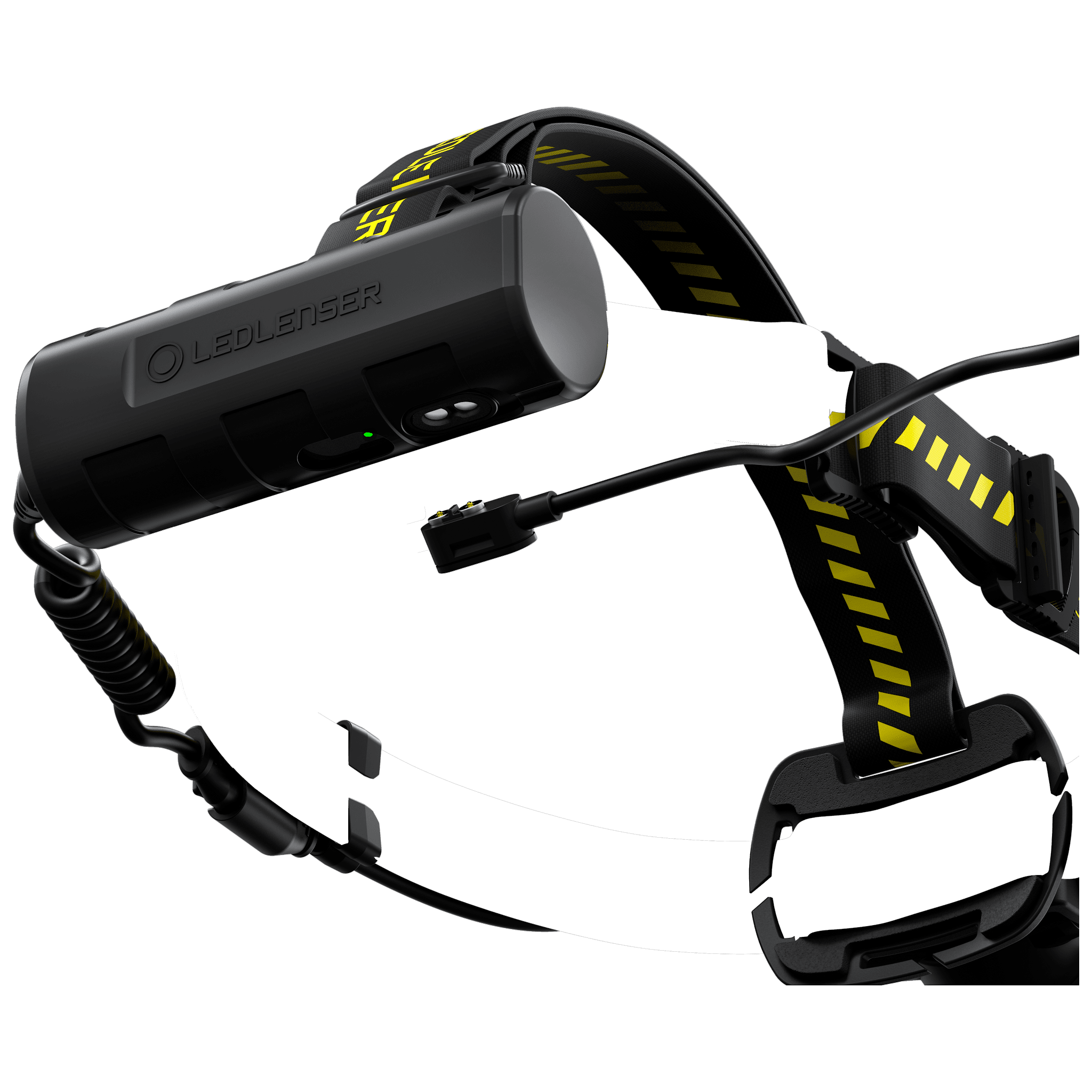 Ledlenser H7R Work Headlamp with rechargeable battery pack and adjustable black and yellow headband shown mounted for hands free use