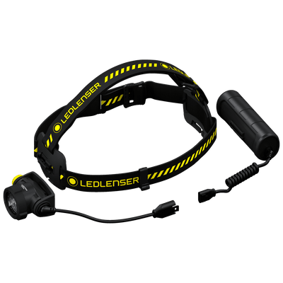 Ledlenser H7R Work Headlamp with black and yellow head strap detachable battery pack and charging cable