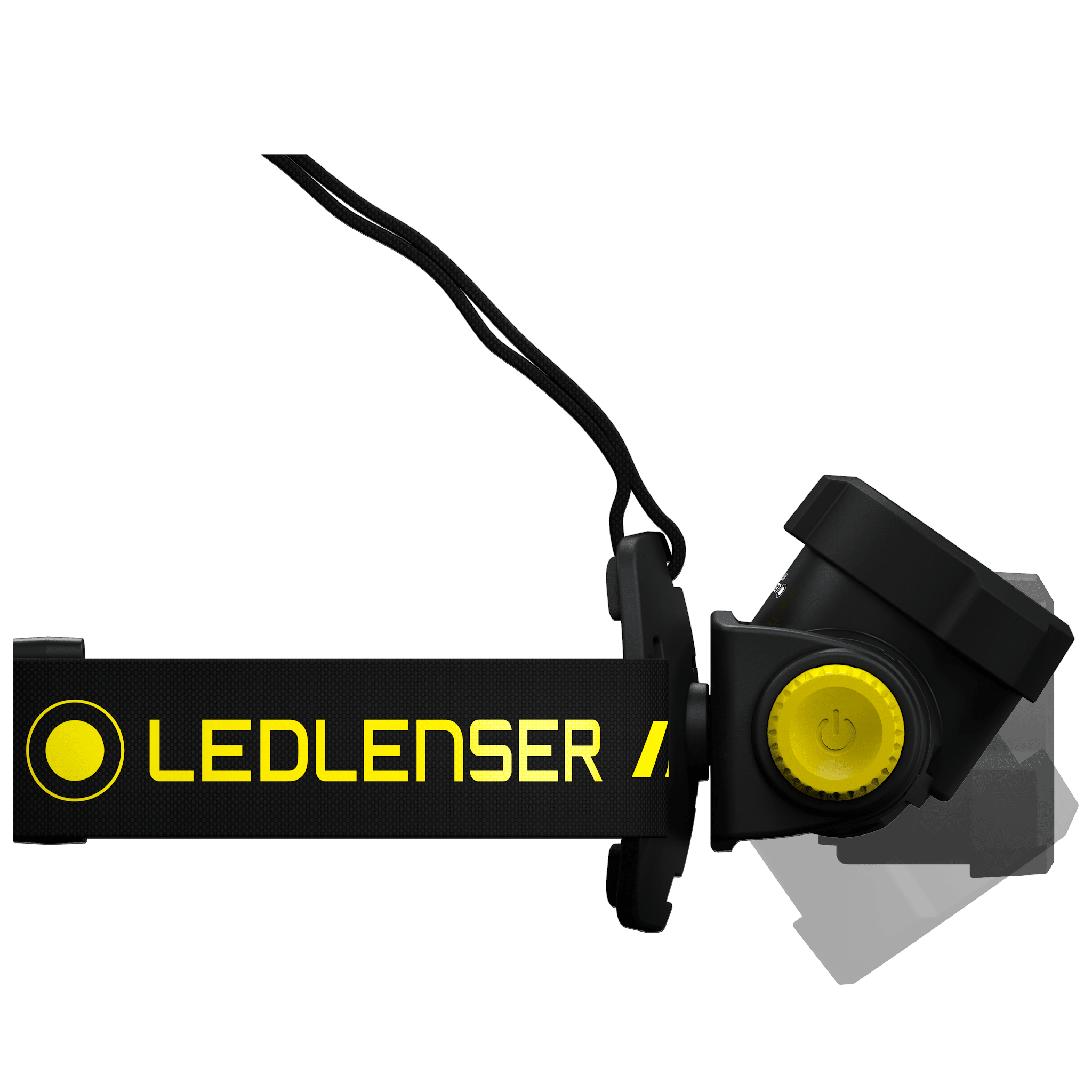 Ledlenser H7R Work Headlamp with black body and yellow dial shown in side view attached to an adjustable head strap