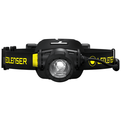Ledlenser H7R Work Headlamp mounted on black adjustable head strap with yellow Ledlenser branding