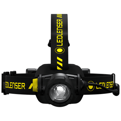H7R Work Headlamp by Ledlenser with black and yellow adjustable headband and front LED housing