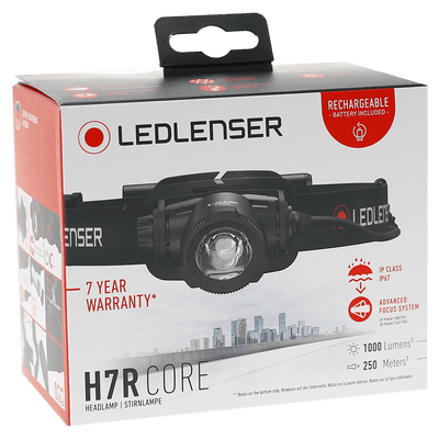 H7R Core Headlamp packaging showing a black headlamp on a white box with Ledlenser branding