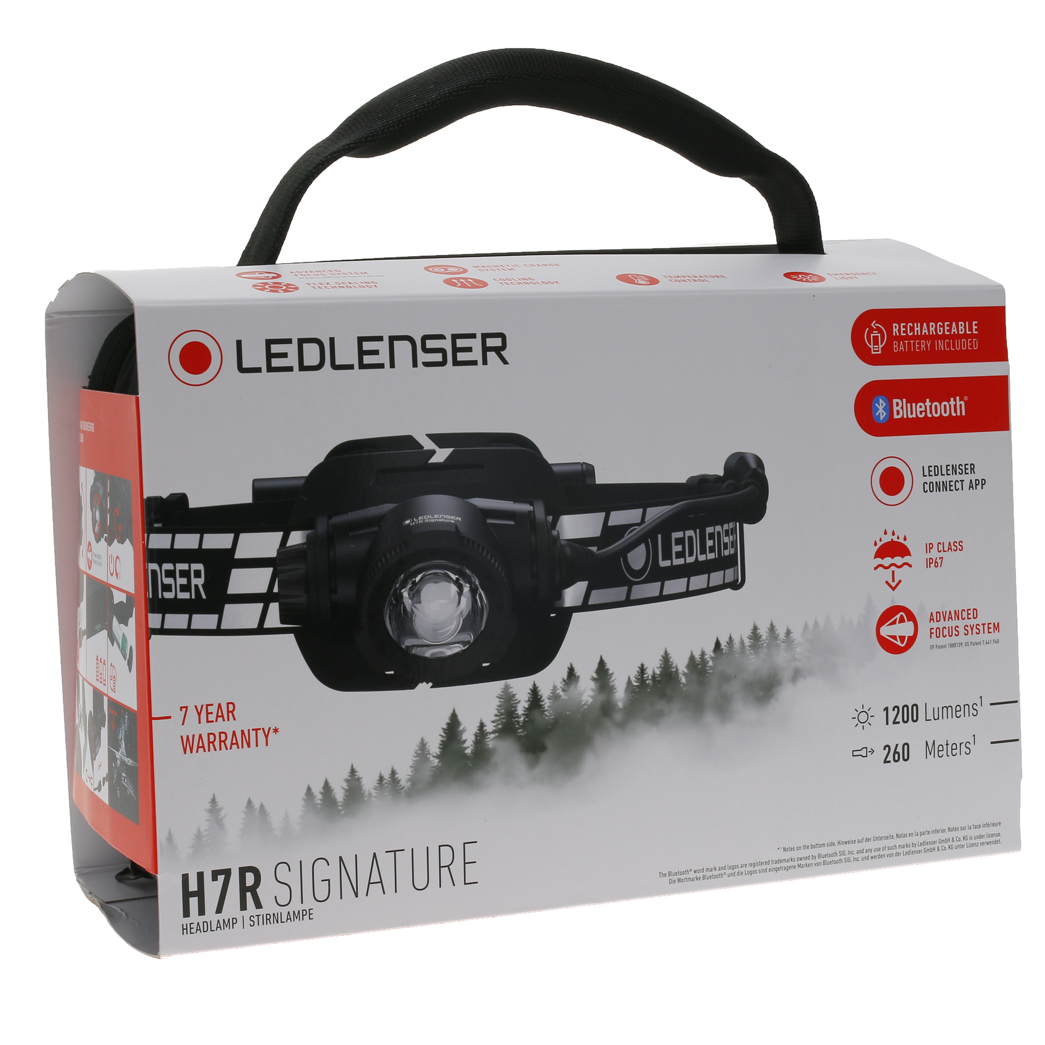 Ledlenser H7R Signature Headlamp packaging box showing a mounted black headlamp on an adjustable strap with red accents and branding