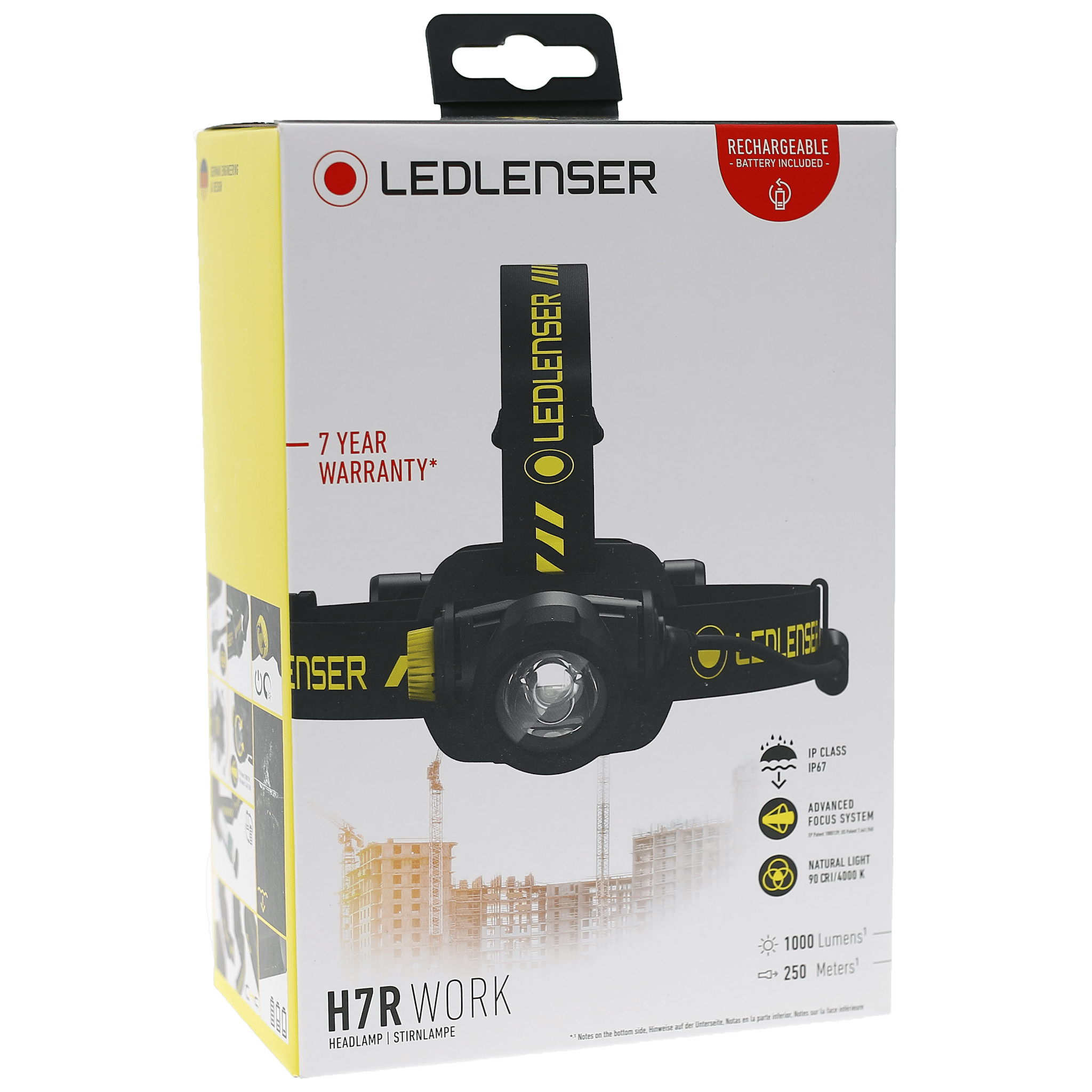Ledlenser H7R Work Headlamp packaging box showing a black headlamp with yellow branding and straps battery included