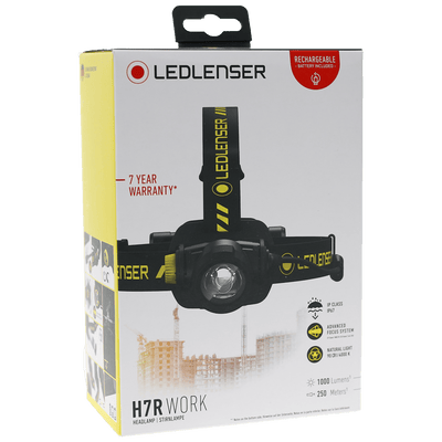 Ledlenser H7R Work Headlamp packaging box showing a black headlamp with yellow branding and straps battery included