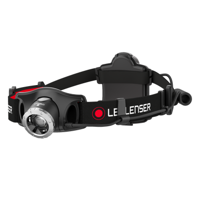 Ledlenser H7 2 Headlamp with adjustable head strap and mounted battery pack black with red accents