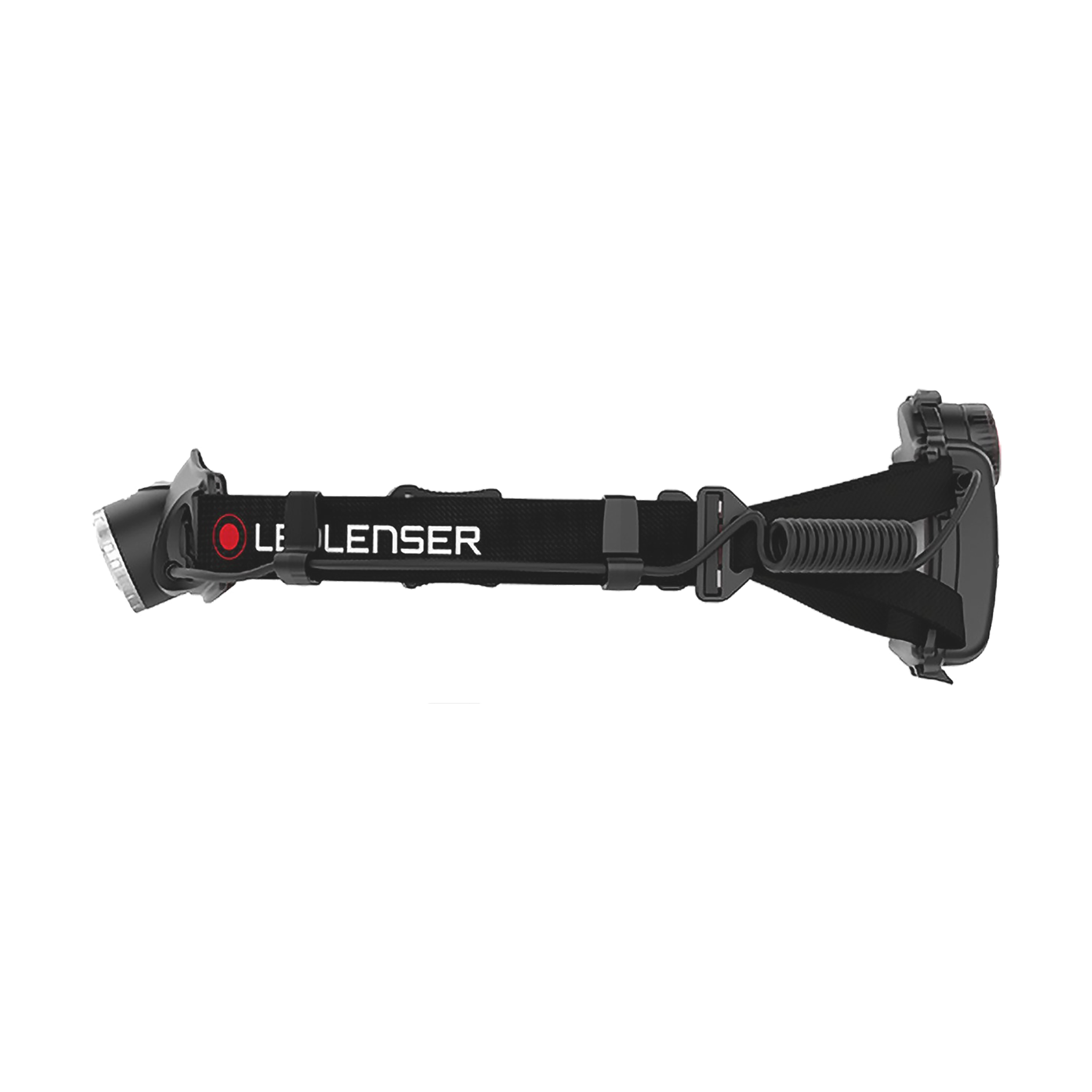 Ledlenser H7 2 Headlamp mounted on a black headband with rear battery pack side view showing the front light housing