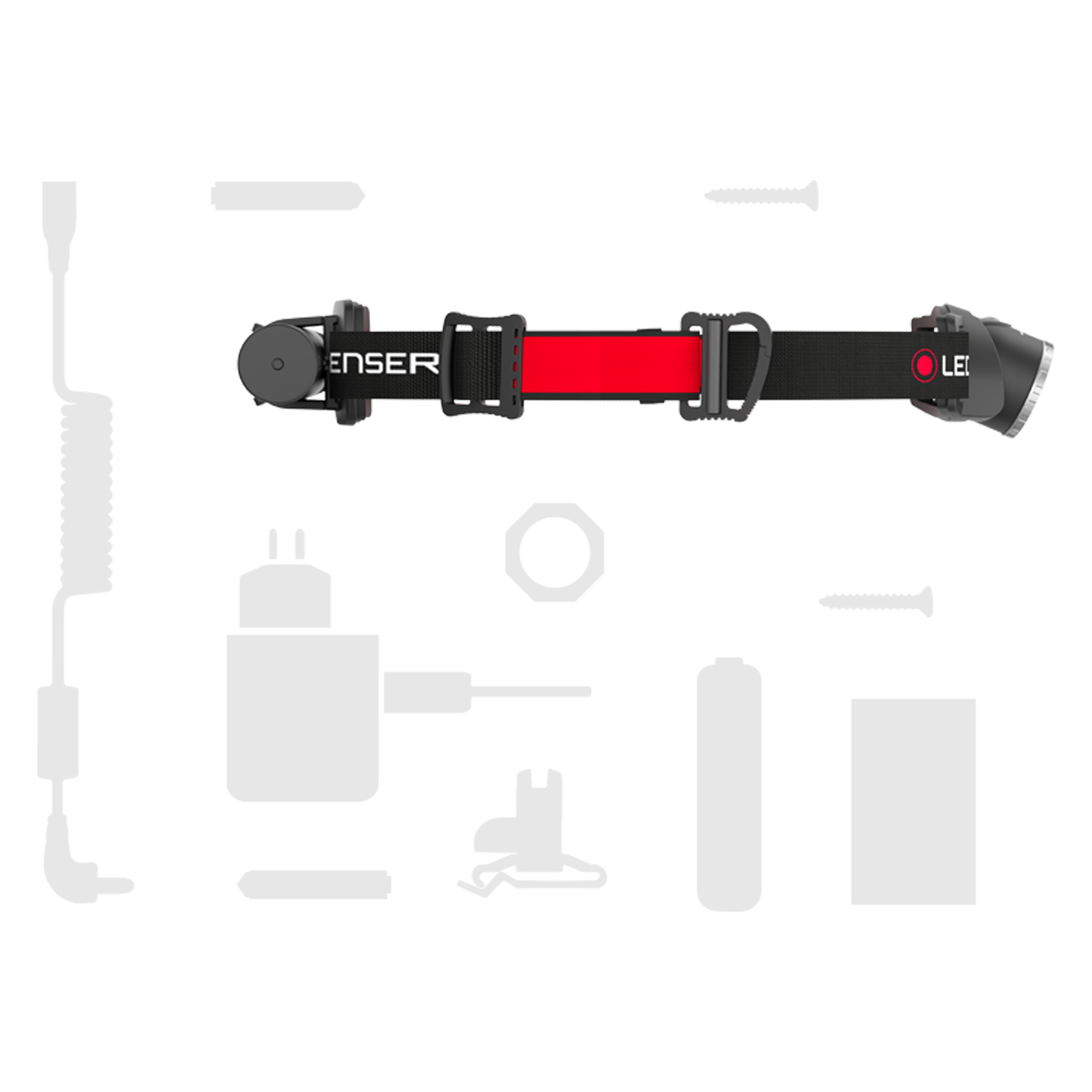 Ledlenser H8R headlamp mounted on an adjustable black and red strap with front light housing