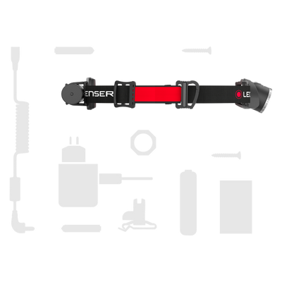 Ledlenser H8R headlamp mounted on an adjustable black and red strap with front light housing
