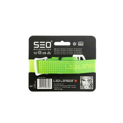 SEO Headband on packaging card showing neon green adjustable head strap with white buckle and Ledlenser branding