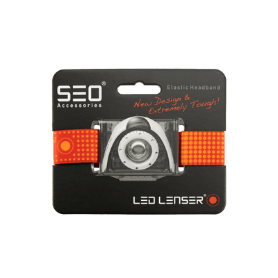 SEO Headband for Headlamp packaging featuring an orange elastic strap and Ledlenser branding with SEO Accessories text on a dark display card