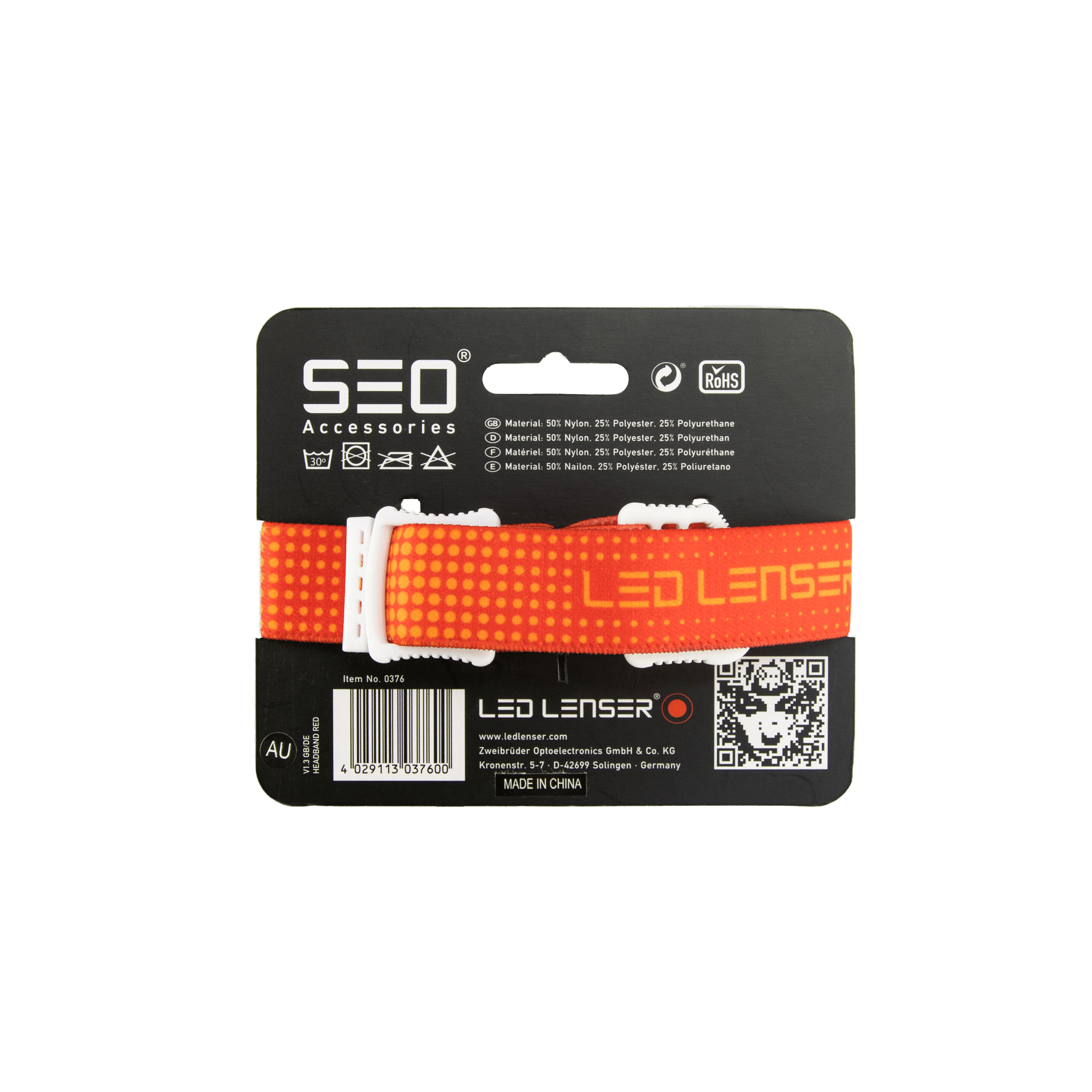 SEO Headband for Headlamp packaging featuring bright orange adjustable strap with white buckle and Ledlenser branding