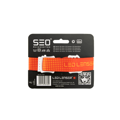 SEO Headband for Headlamp packaging featuring bright orange adjustable strap with white buckle and Ledlenser branding