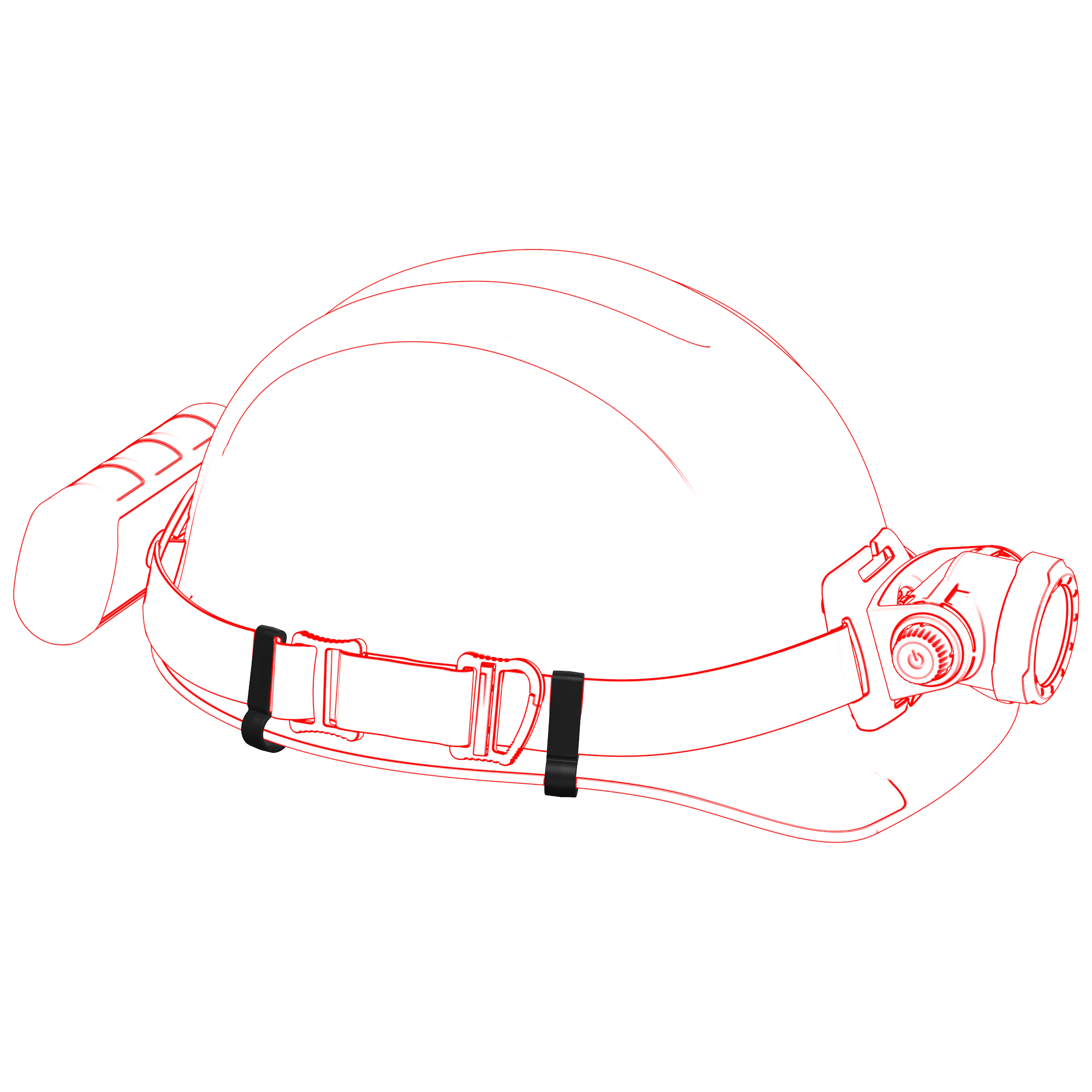 Ledlenser H15R Work Headlamp mounted on a helmet with an adjustable strap; red outline illustration