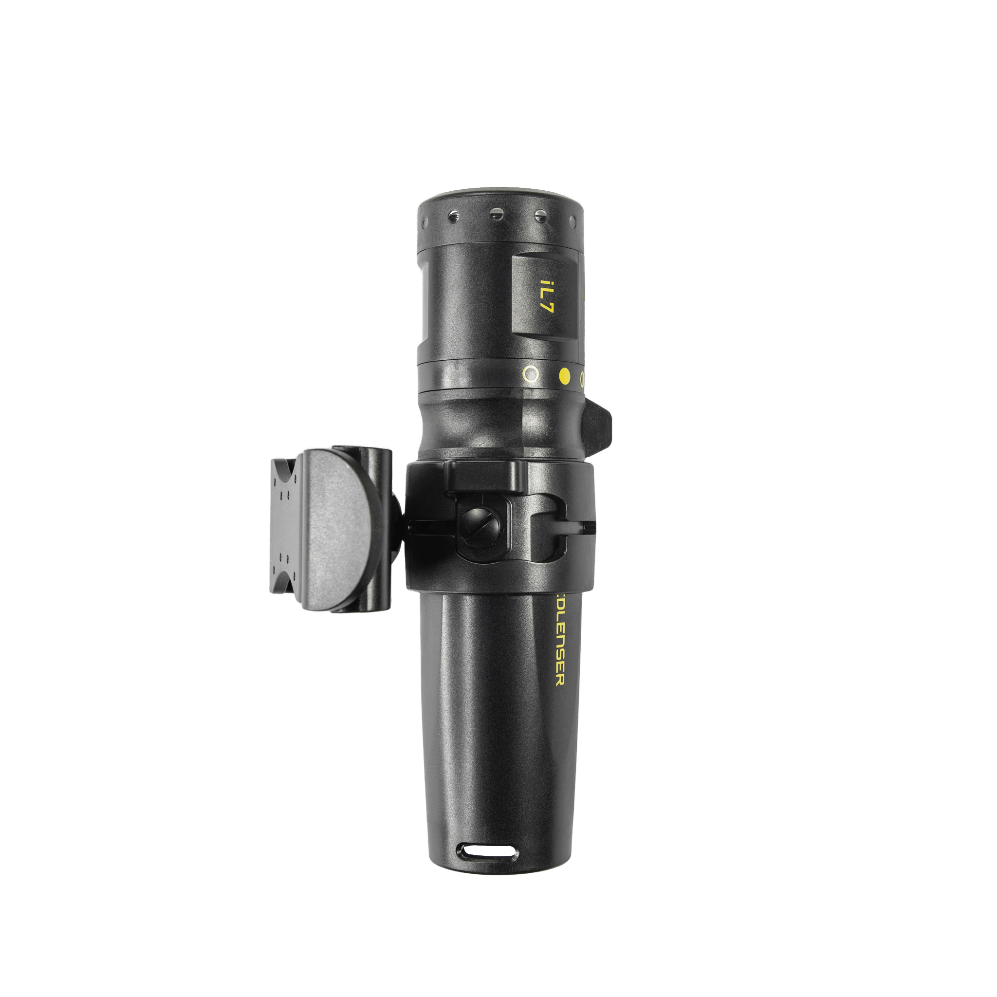 Ledlenser Intelligent Clip attached to a compact torch body with a side belt clip and mounting bracket