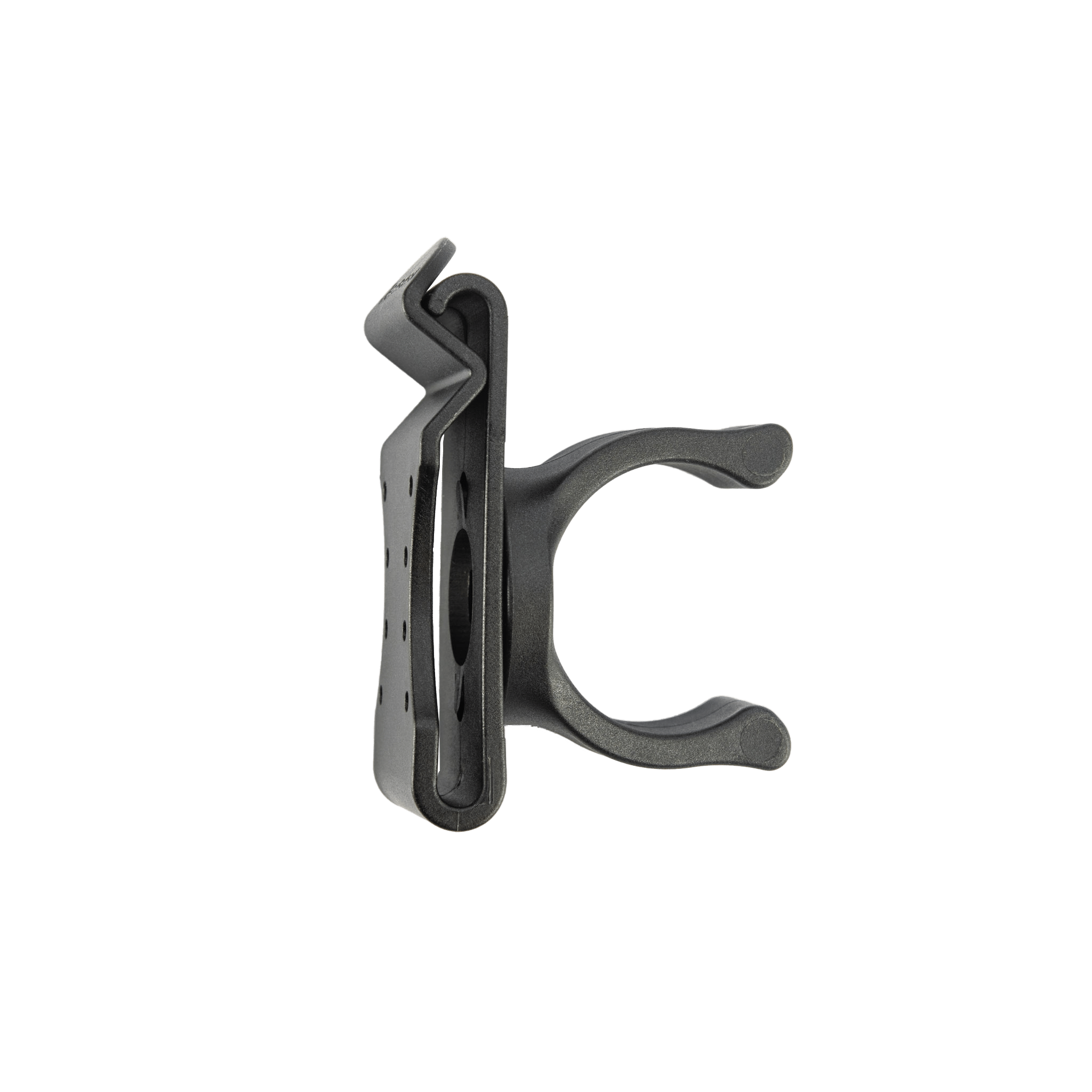 Ledlenser Intelligent Clip belt clip accessory side view with a clamp for attaching a torch black clipped design