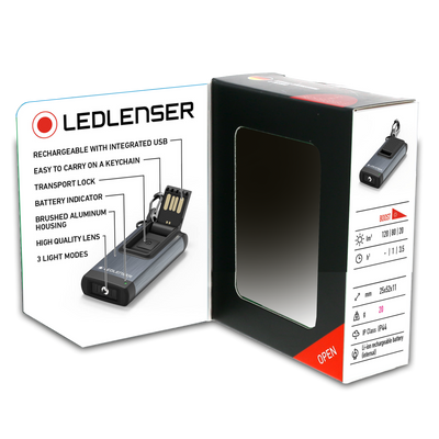 Ledlenser K4R Keychain Light packaging opened showing the compact rechargeable torch with integrated USB charging and a keyring attachment