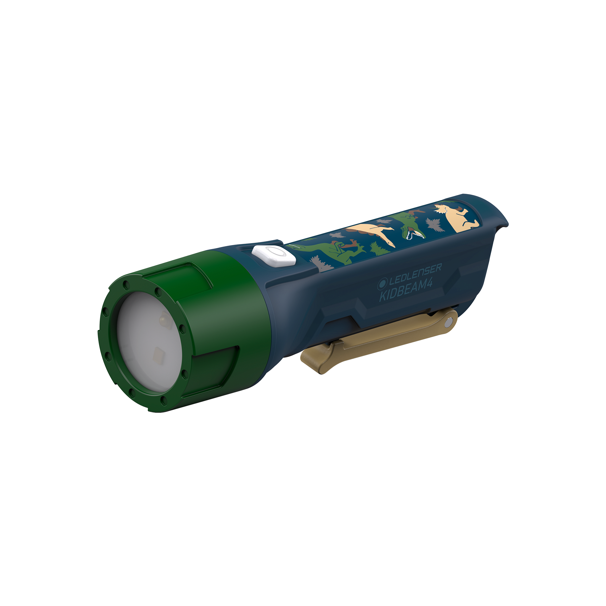 Kidbeam4 Torch by Ledlenser blue body with green front and dinosaur graphic handheld battery operated flashlight