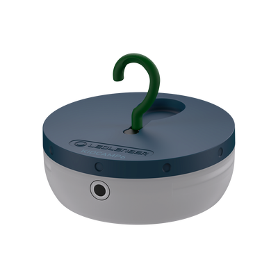 Ledlenser Kidcamp6 lantern with blue top and gray base green hanging hook shown from a side angle ready to hang