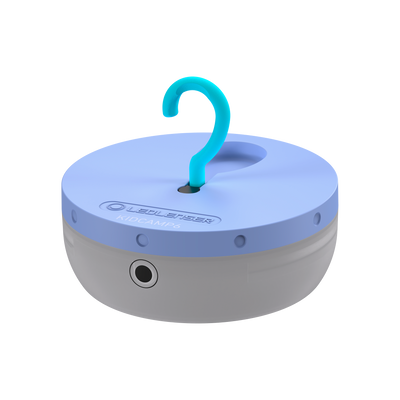 Ledlenser Kidcamp6 Lantern with blue top and gray base hanging hook on lid; battery operated children's lantern