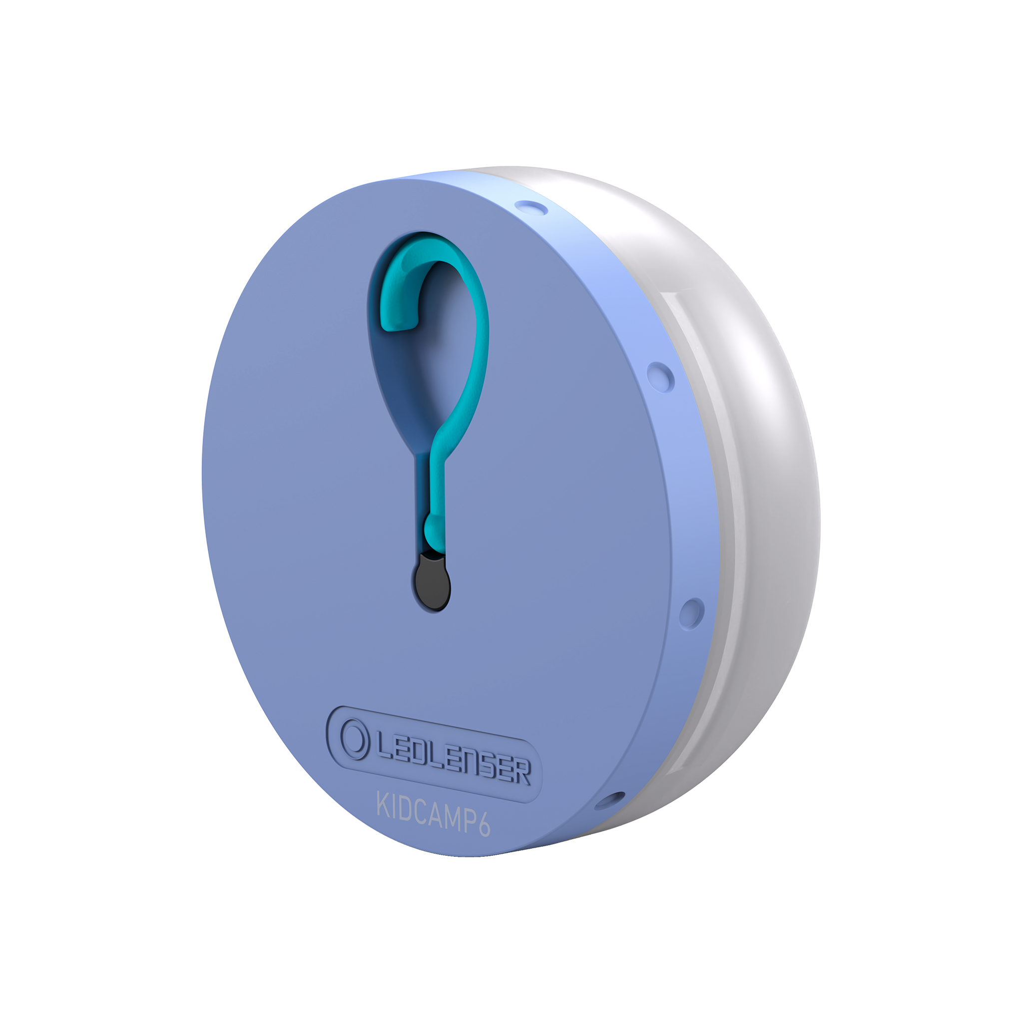 Ledlenser Kidcamp6 Lantern circular blue body with teal handle shown from the side battery operated children's lantern