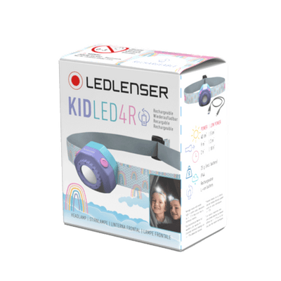 Ledlenser KidLED4R Headlamp packaging showing a colorful adjustable headband with a purple blue headlamp unit on the box front