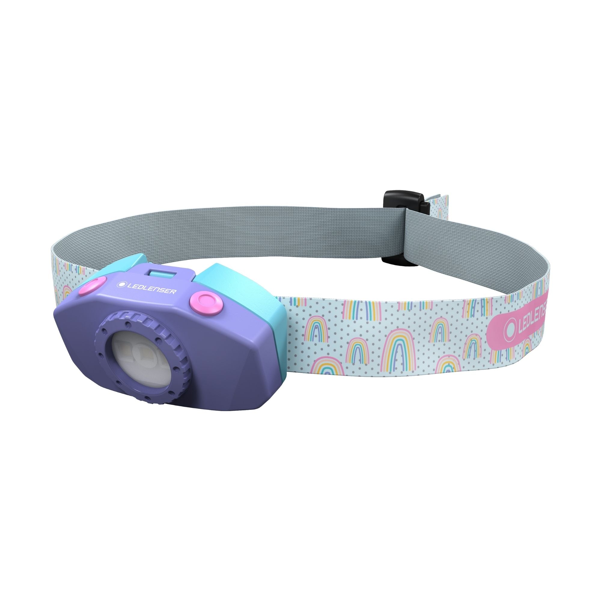 Kidled2 Headlamp worn on head with purple body pink button blue accent white LED lens and rainbow patterned adjustable head strap