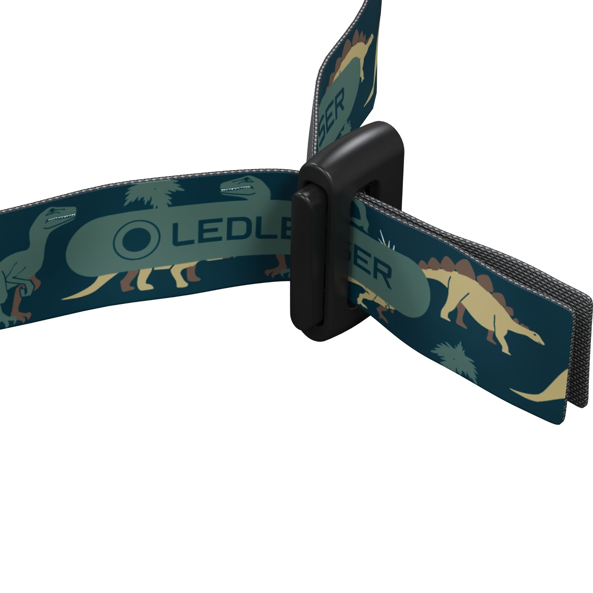 Ledlenser Kidled2 Headlamp with adjustable dinosaur pattern headband and integrated strap clip