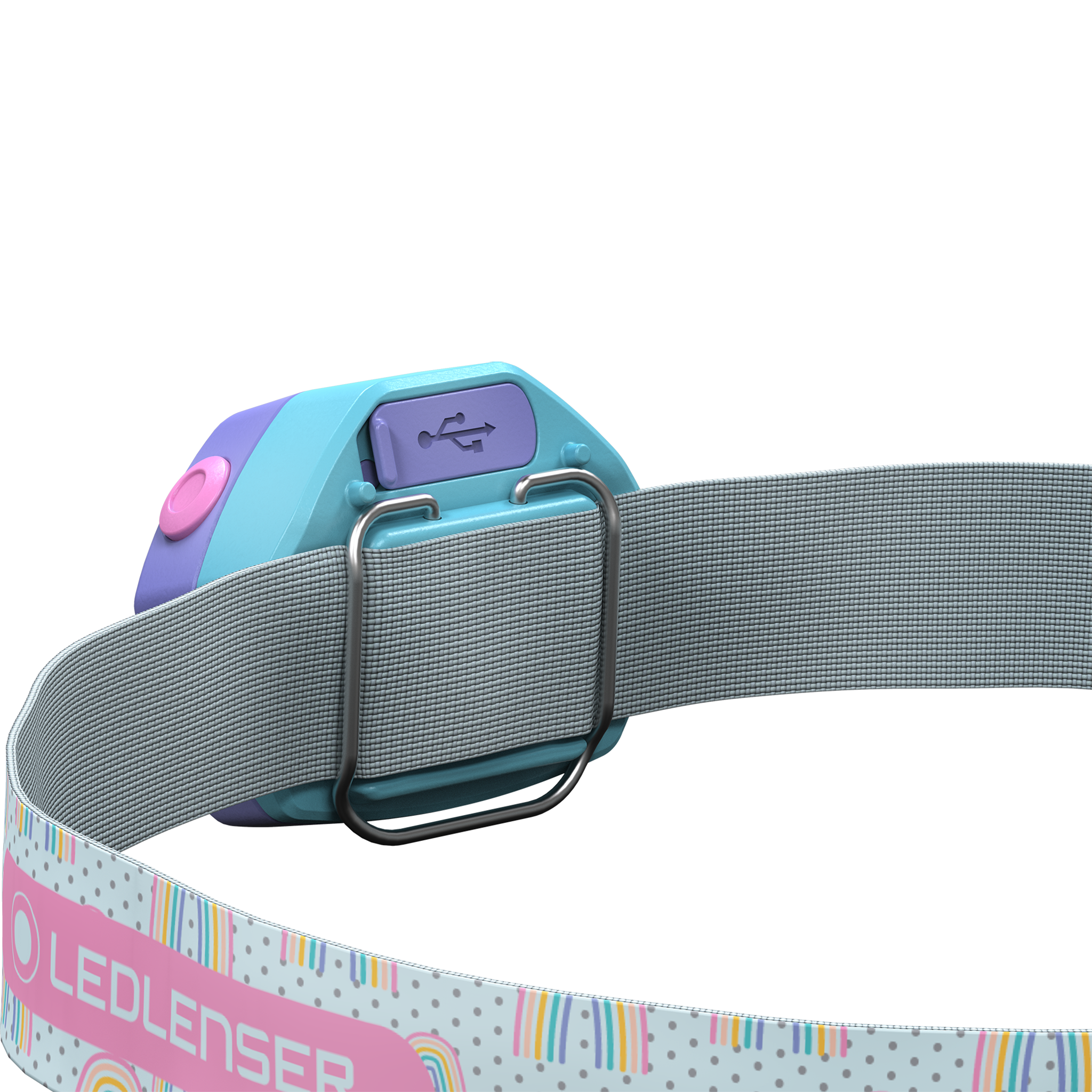 Kidled4R Headlamp by Ledlenser children's headlamp with blue teal body and pink button mounted on a grey elastic head strap