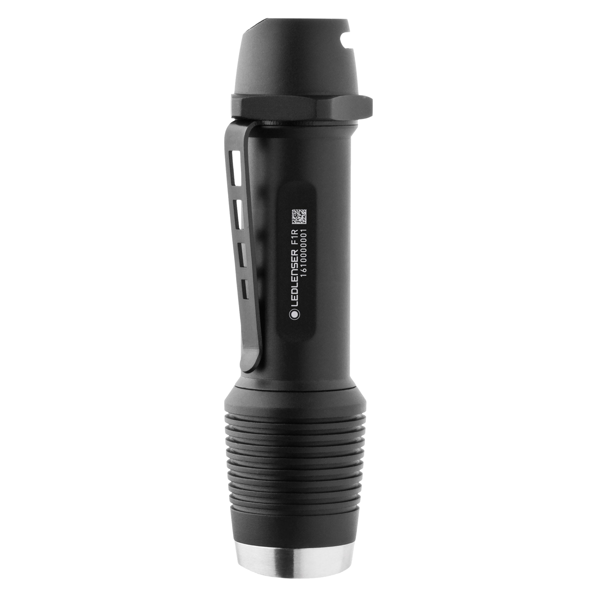 Ledlenser F1R torch standing upright with detachable head black finish side clip ribbed grip and metal tail cap