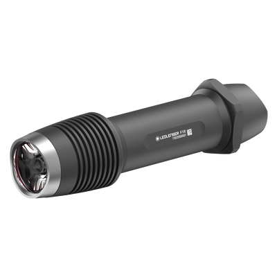 Ledlenser F1R Torch compact rechargeable flashlight with textured grip and end cap shown in angled side view