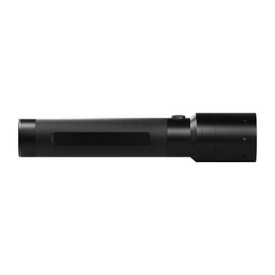 i9 CRI Torch side view of a black Ledlenser handheld torch with knurled grip and compact head